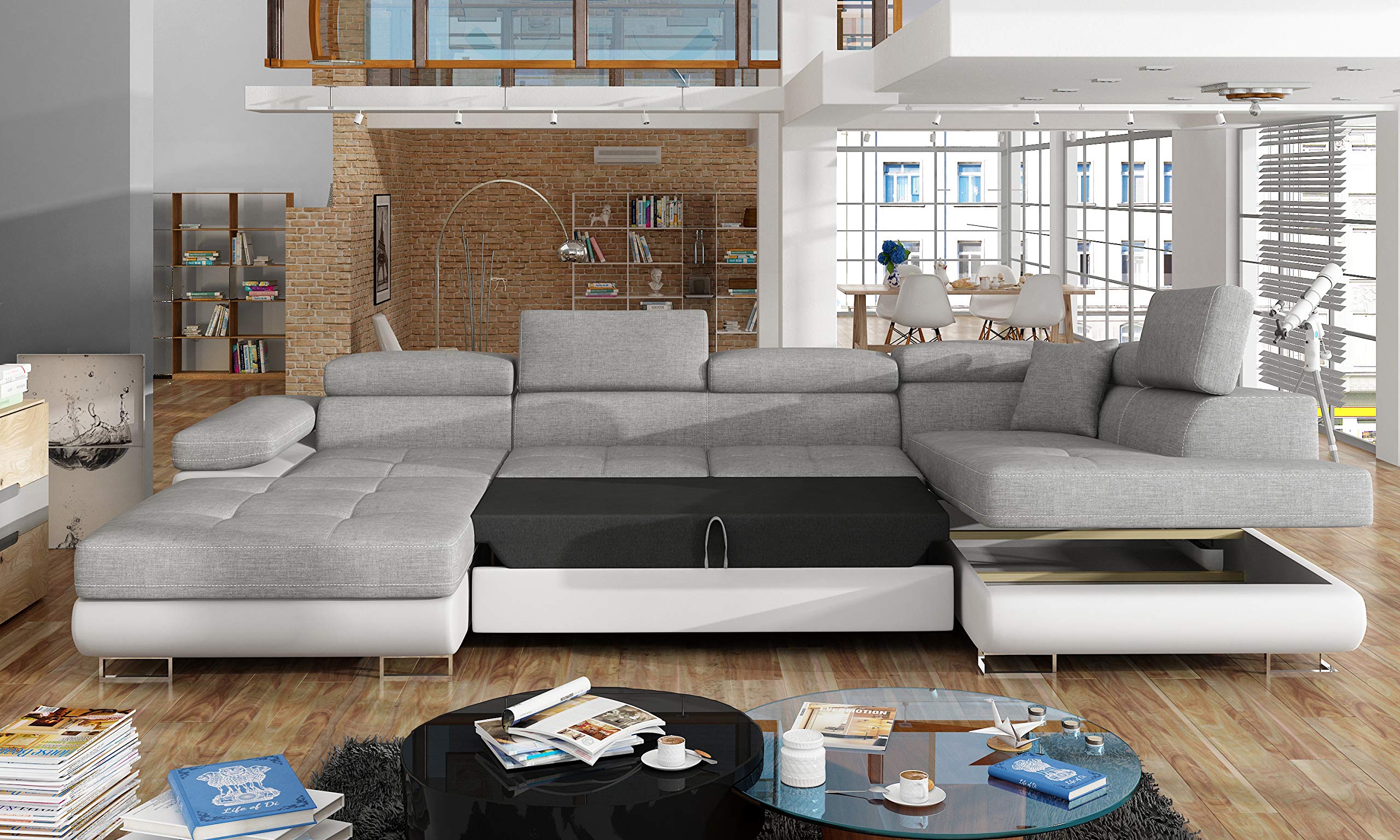 Canapé D'angle XXL Convertible 6/7 Places Avec Coffre - 345x202 Cm - Tissu Ou Simili Cuir