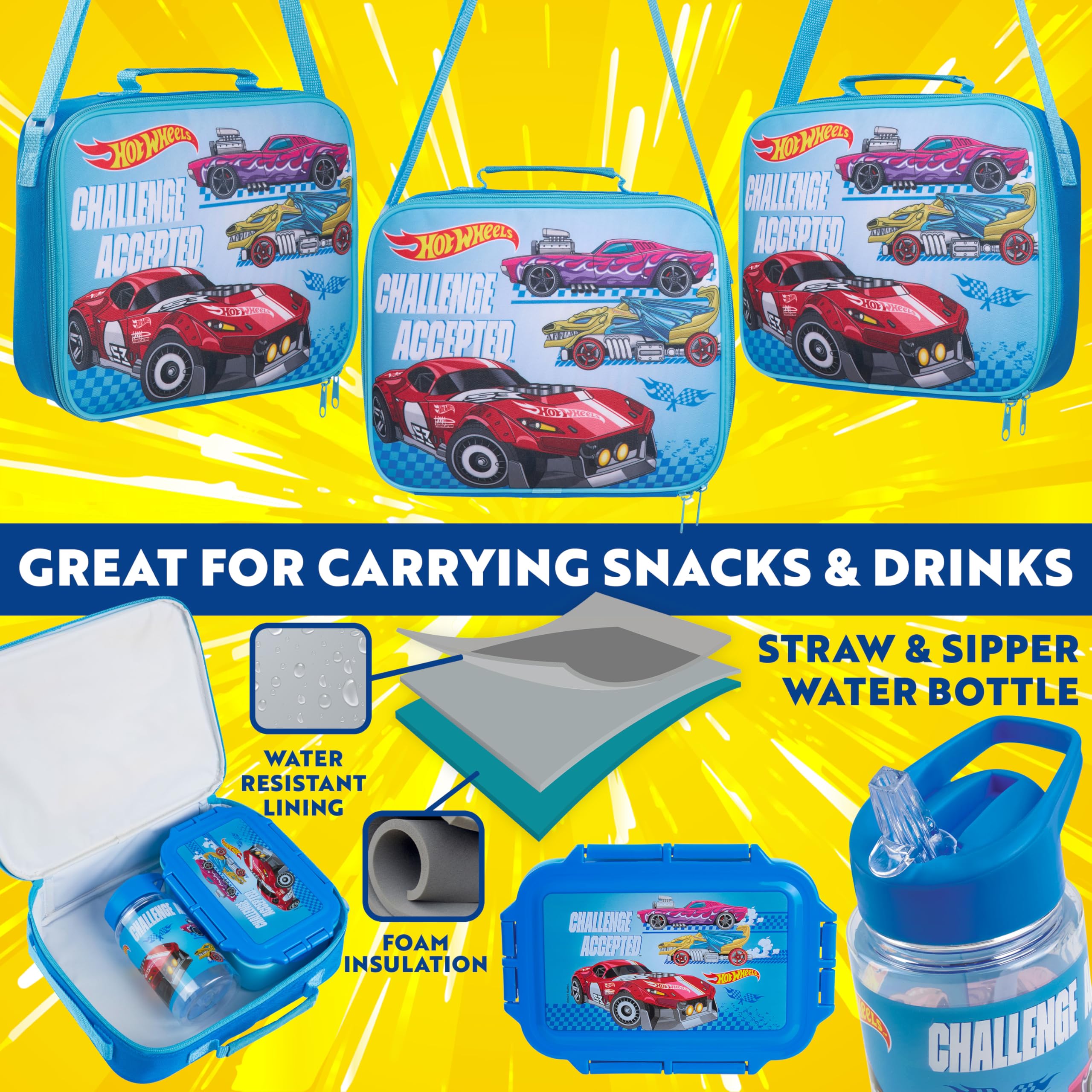 Get Trend Hot Wheels Sac Isotherme Repas Boîte à Goûter Gourde Enfant 400ml Set Déjeuner 3 Pièces Garçon Sans BPA École Voyage Pique Nique (Bleu Hot Wheels)