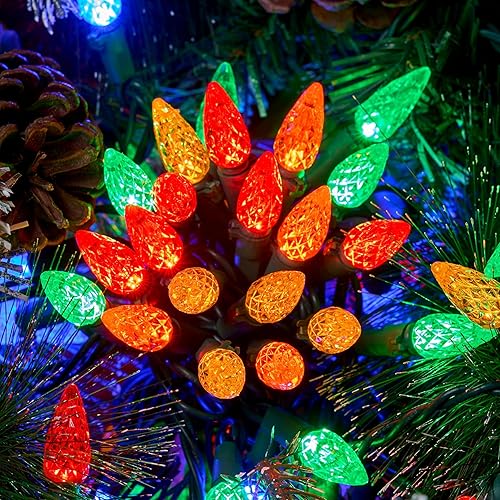 Joiedomi Luces LED C6 de Navidad para exteriores, 140 (2 x 70) luces de árboles de Navidad de fresa, 45.2 pies conectables, luces facetadas para