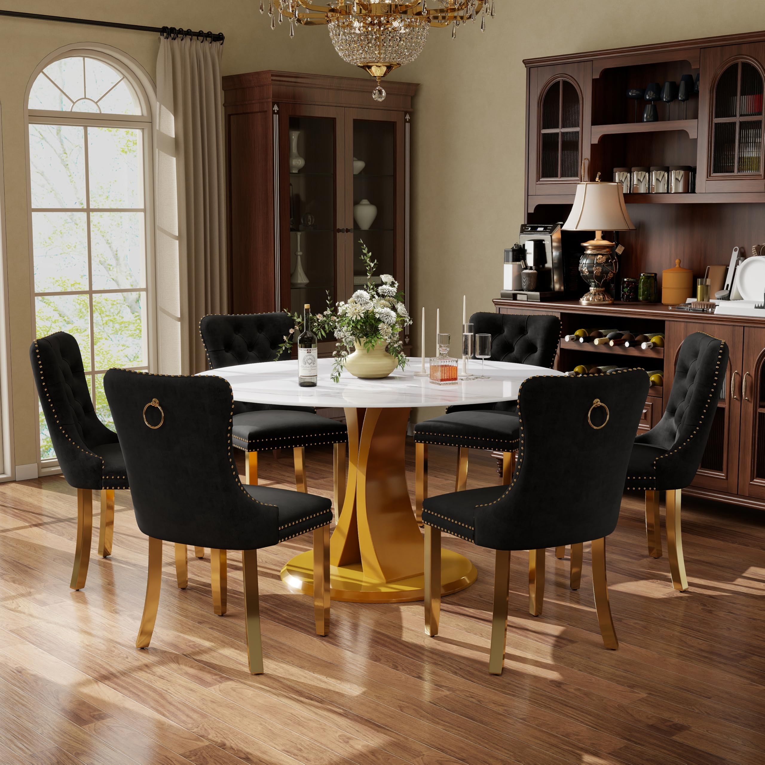 7-Piece Dining Table Set with 47In Faux Marble Table and 6 Velvet Upholstered Chairs, Modern Scandinavian Furniture for Dining Room Kitchen(Black&amp;Gold)