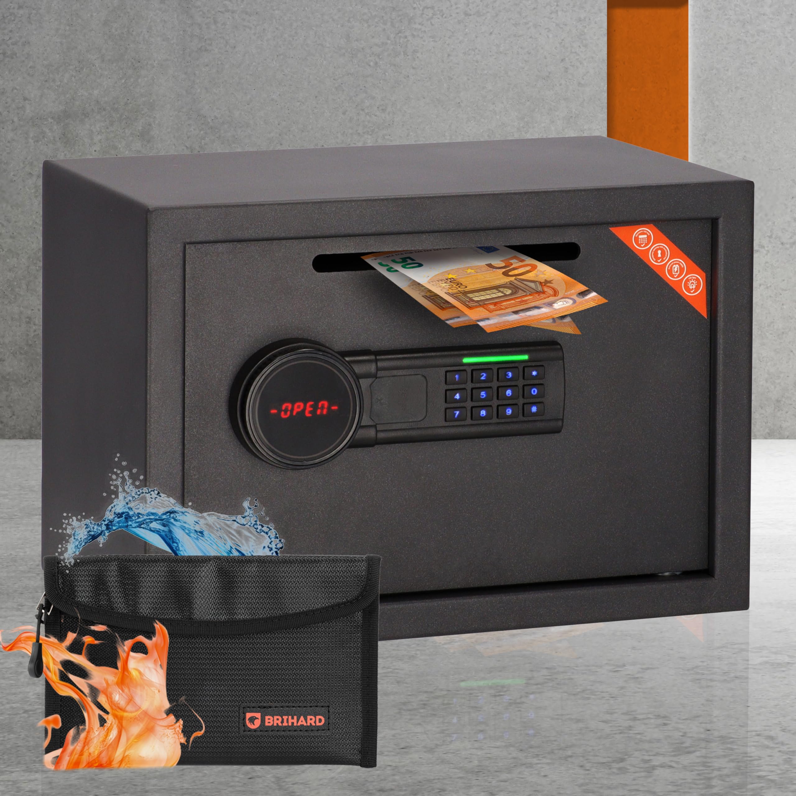 Coffre-fort de dépôt 25 x 35 x 25 cm avec fente, boîte électronique verrouillable pour argent liquide avec sac ignifuge, coffre-fort de 20 L avec serrure à clavier numérique et écran LCD