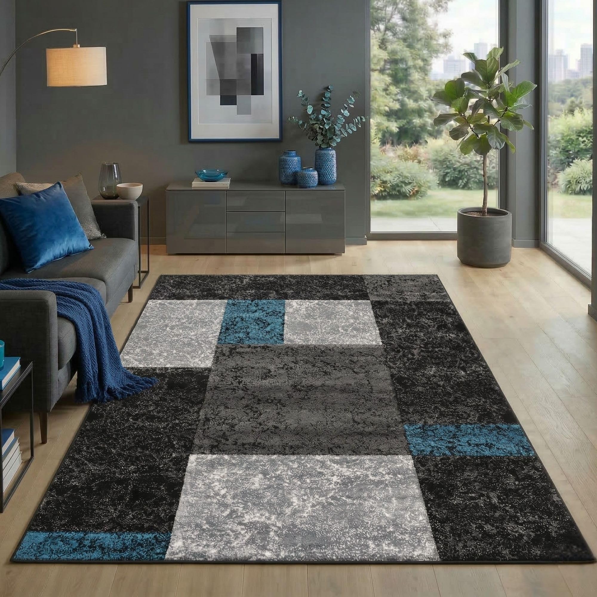 Carpetsale24 Teppich Kurzflor Konturenschnitt in Schwarz Grau Weiß - Kariertes Design, Extra Weich, Waschbar, Pflegeleicht - Für Wohnzimmer, Schlafzimmer, Esszimmer