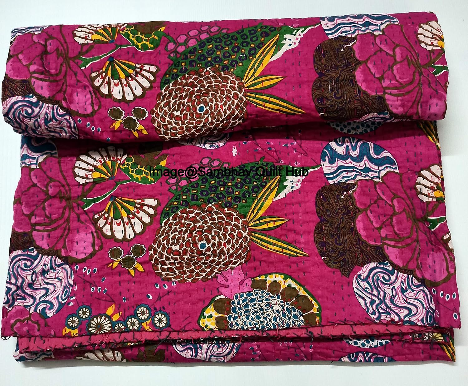 Queen/Twin/King Indian Pink Fruit Reversible Bedspread Pattern Gudri Pure Cotton Kantha Style Quilt Floral Fruit Print Decorative Kantha Stitch Quilt (90X108 inch)