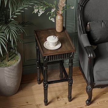 Rustic Farmhouse Cottagecore Accent End Table, Woven Wicker Shelf, Black