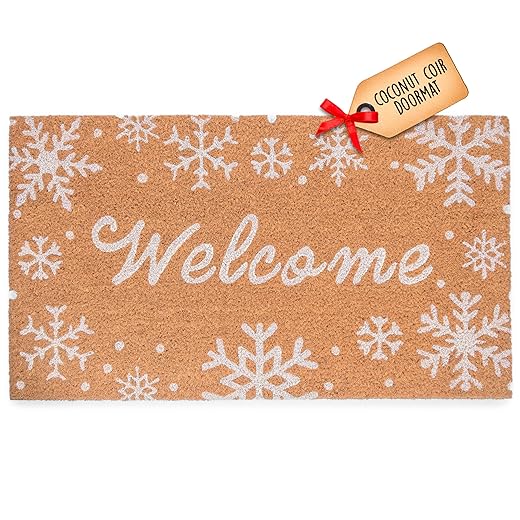 Snowflake Doormat 30x17 Inch, Snowflake Door Mat for Covered Outdoor Area, Outside Christmas Decor Welcome Mat w/Non-Slip PVC Backing