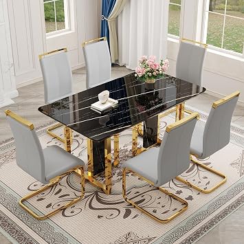 63 Modern Dining Table Set for 6,Black Kitchen Table Set,Luxury Dining Table Set with 1.8-inch Thick Faux Marble Table Top&6 Pu Leather Upholstered Chairs Ideal for Dining Kitchen Room