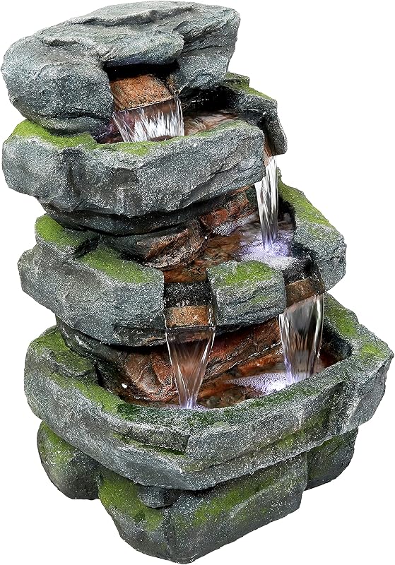 Sunnydaze 23-Inch Stone Waterfall Outdoor Tiered Fountain with LED Lights | Electric Submersible Pump - Polyresin and Fiberglass Construction - 5-Gallon Water Capacity - For Patio, Yard, or Deck