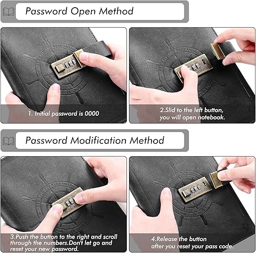 Miniatura 5 de Kesote Diario negro con cerradura, agenda recargable de piel sintética con cerradura, organizador con bolígrafo, tamaño A5, con rayas