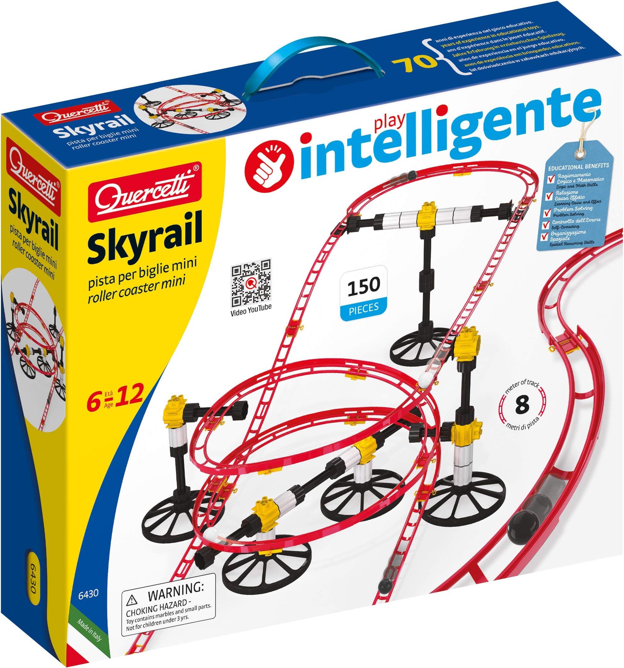 Quercetti Roller Coaster mini rail Set -150pc, 8 meters, Kids ages 6-12, Building Blocks for Marbles Game Maze Tracks, Red