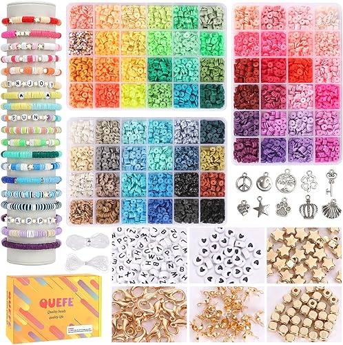 QUEFE Kit de fabricación de pulseras de 9000 cuentas de arcilla, 72 colores, cuentas de pulsera de amistad, cuentas heishi de polímero con dijes