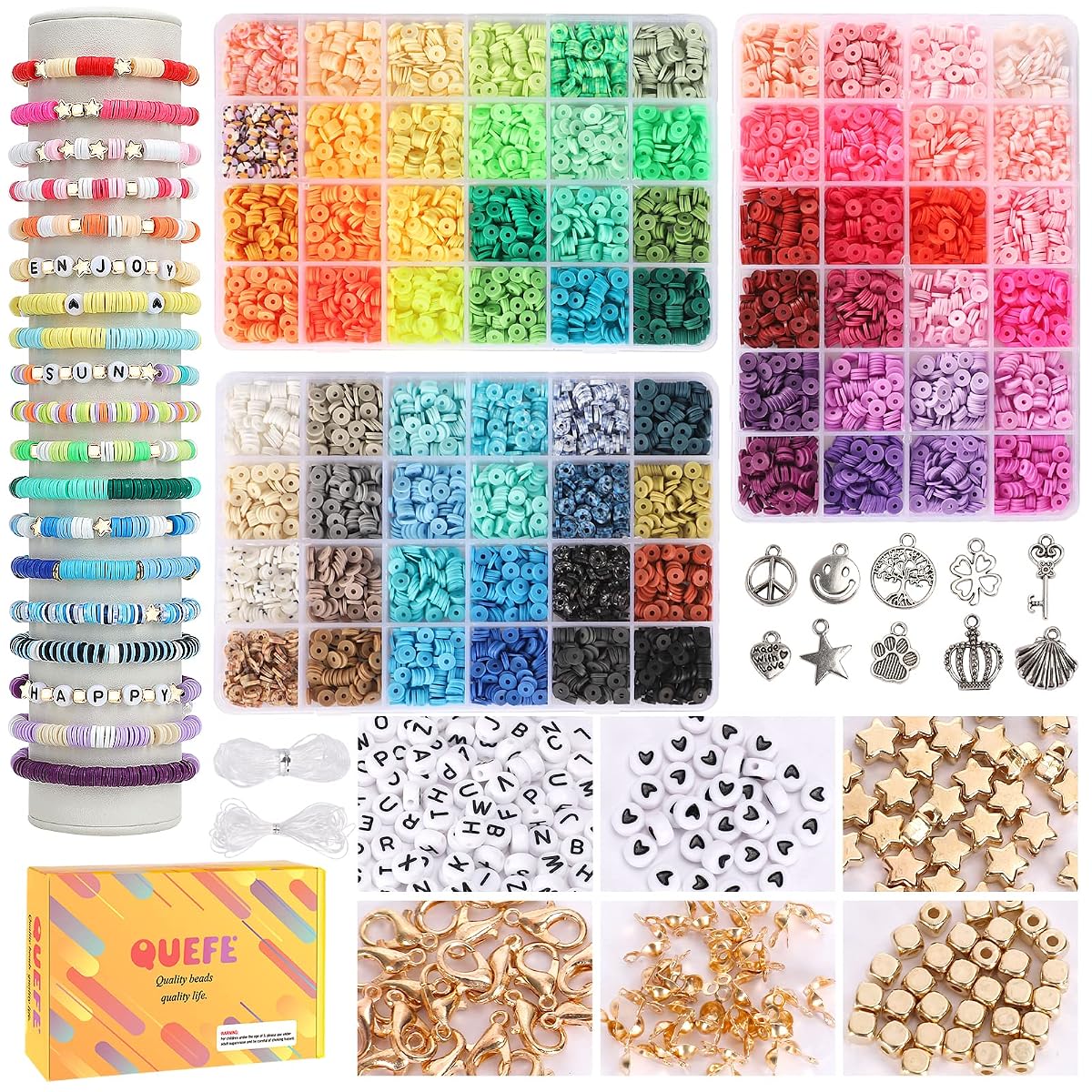 QUEFE 9000pcs Clay Beads for Bracelet Making 72 Colors Flat Round Polymer Clay