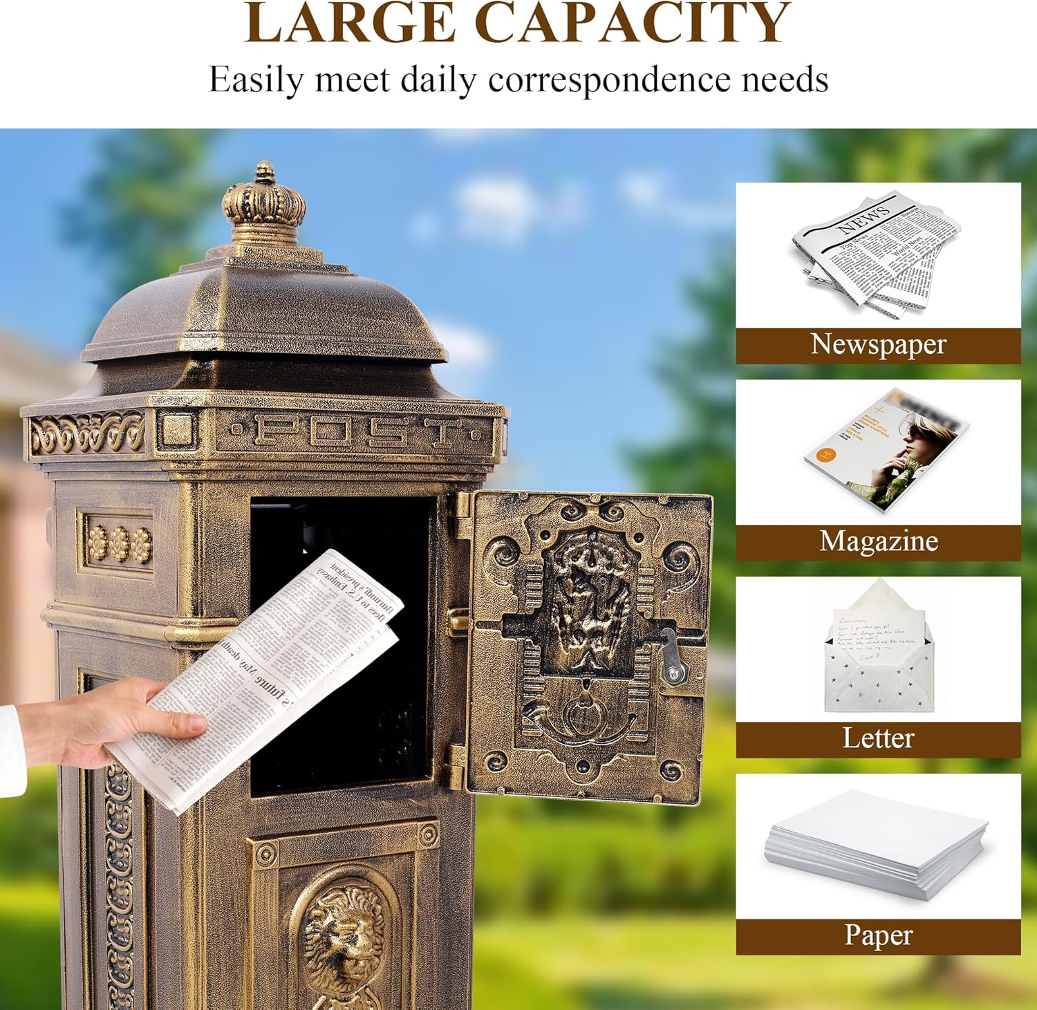 Vintage Large-Capacity Cast Aluminum Mailbox, Outdoor Weatherproof Floor Standing Postbox, Decorative Copper Finish Letter Box with Lock, Roman Column Design for Home Use (Copper)