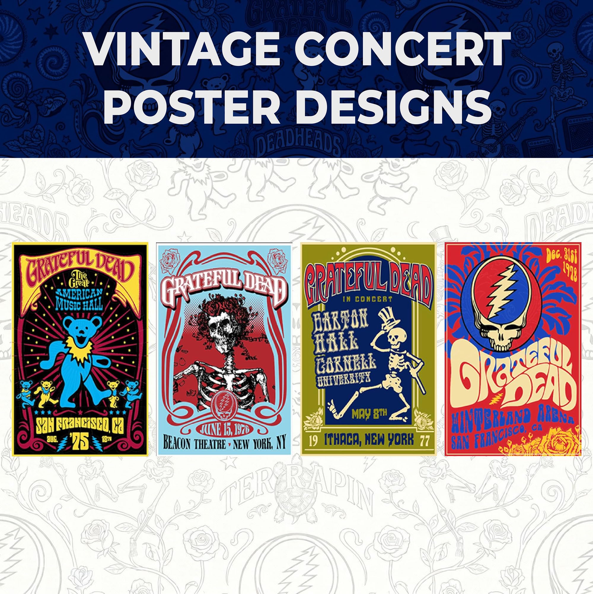 ICUP Grateful Dead - Confezione da 4 bicchieri da 16 once in vetro da collezione con poster vintage da concerto per Deadheads e appassionati di musica