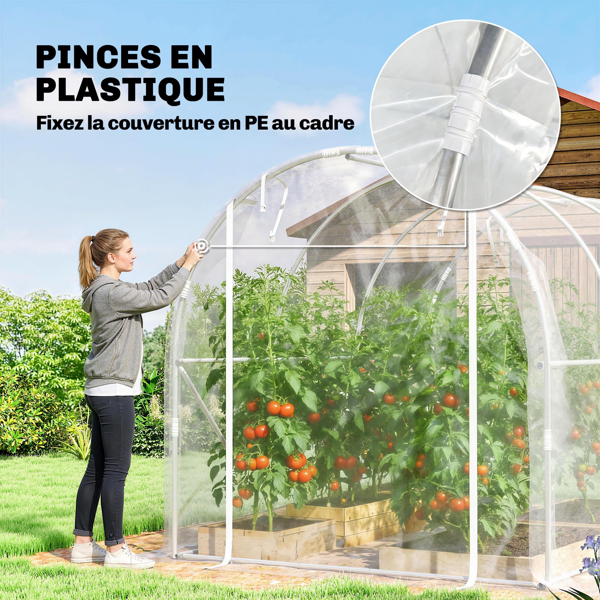 Outsunny Serre Tunnel de Jardin 6m², Serre de Jardin Tunnel 195x295x195cm avec Cadre Acier galvanisé, 2 Portes, bâche PE Haute densité 150g/m² prolongée de 20 cm, pour extérieur Transparent