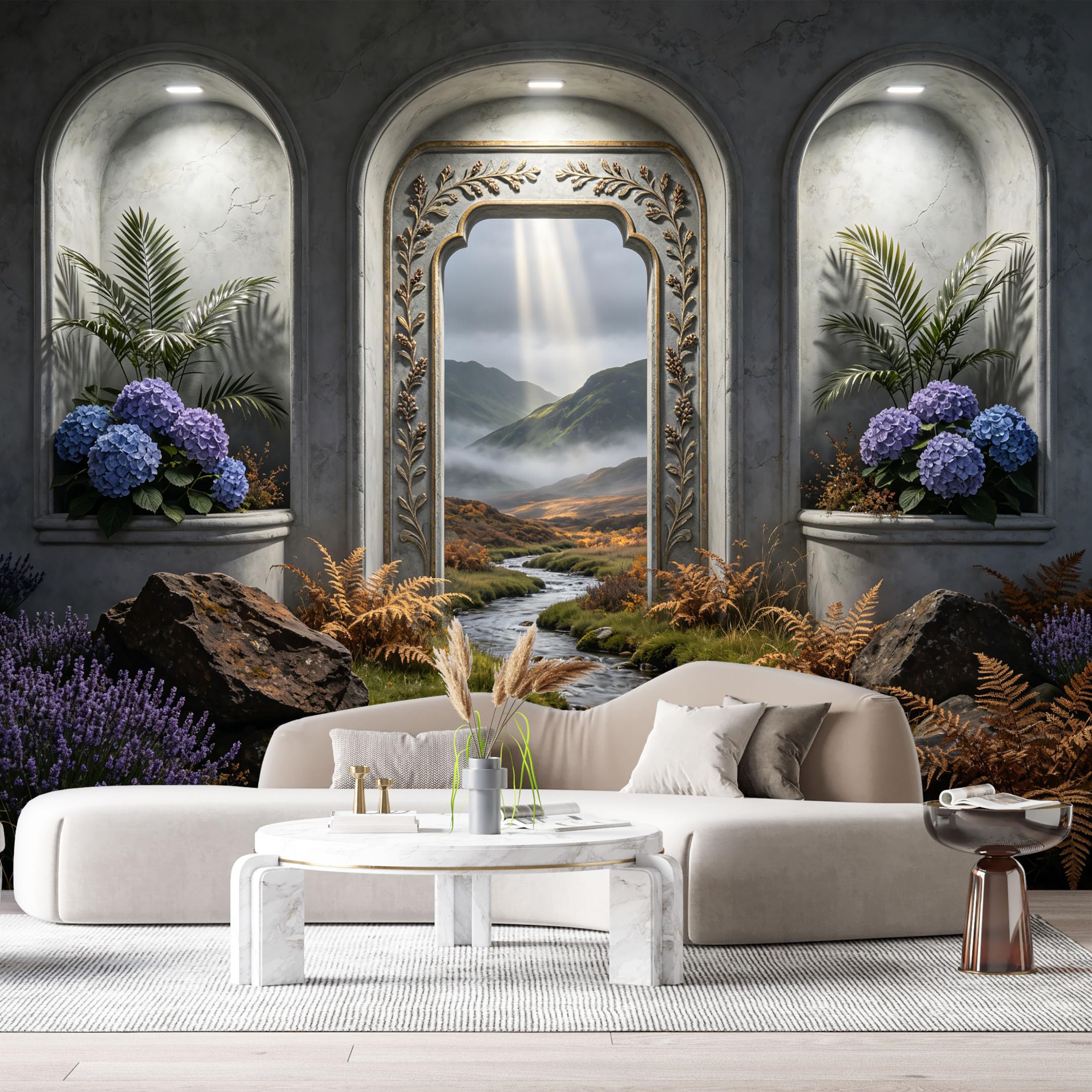 Custom Size Wall Murals Neoclassical Archway Mountain River Botanical 3D Trompe L'Oeil SelfAdhesive Wall Fabric Removable Large Wallpaper for Photo Living Room