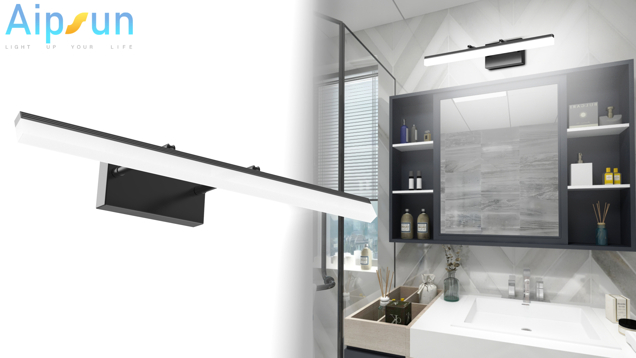 Image of Aipsun 15.7 inch LED Vanity Lights Adjustable Bathroom Wall Light Fixtures Bathroom Lighting Fixture Over Mirror Black Modern Vanity Lighting 5500K