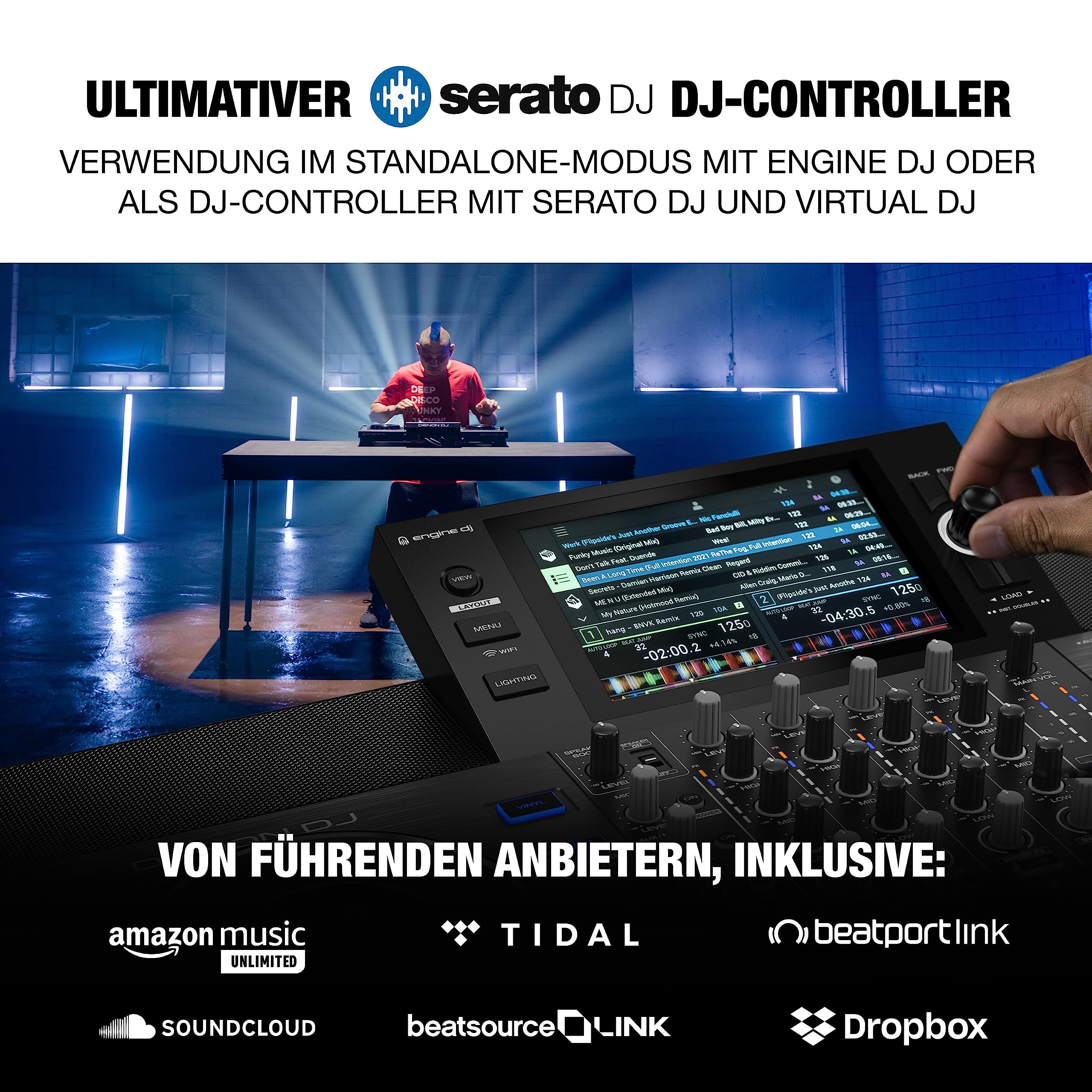 Denon DJ SC LIVE 4 und 2x Alto Professional TS410 - Standalone DJ-Controller, 4-Kanal Mixer, WLAN, Lautsprecher und 2x 2000W 10" Aktiver PA-Lautsprecher mit 3- Kanal Mixer, Bluetooth-Streaming und DSP