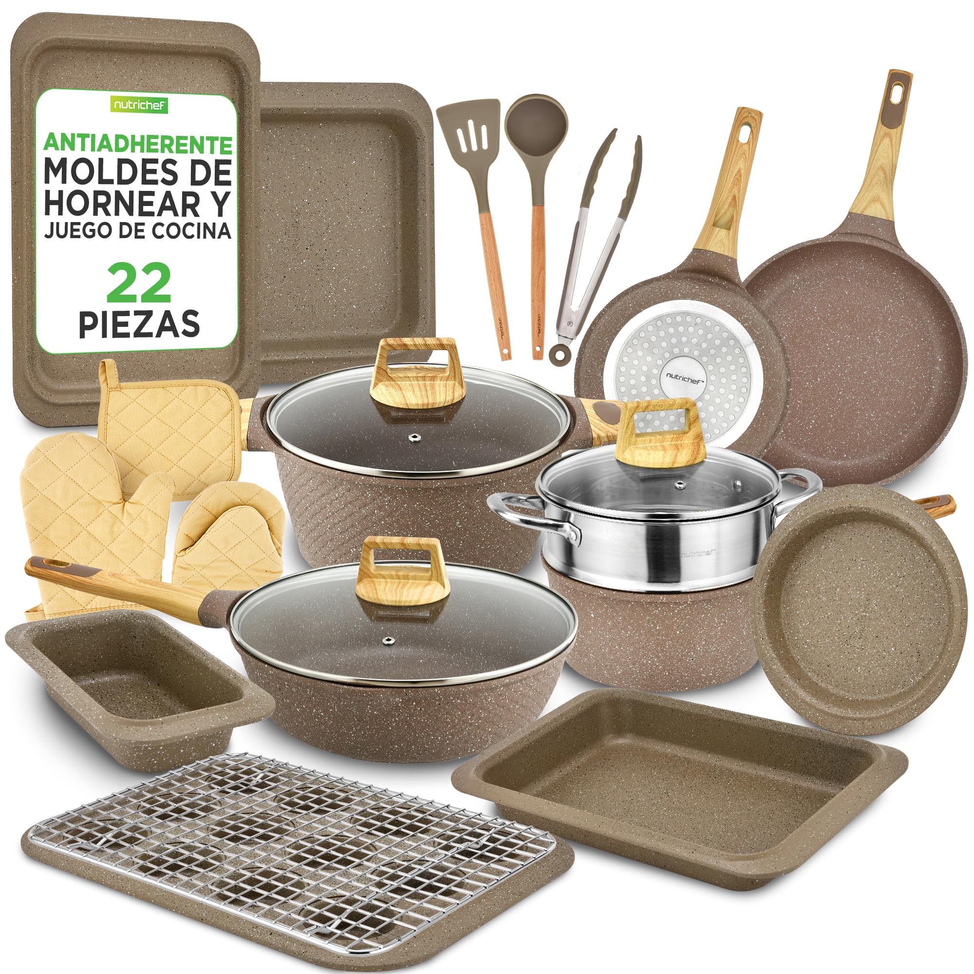 Nutrichef Bateria de Cocina, Antiadherentes, 22 Piezas, Completo, Profesional, Resistentes al Calor