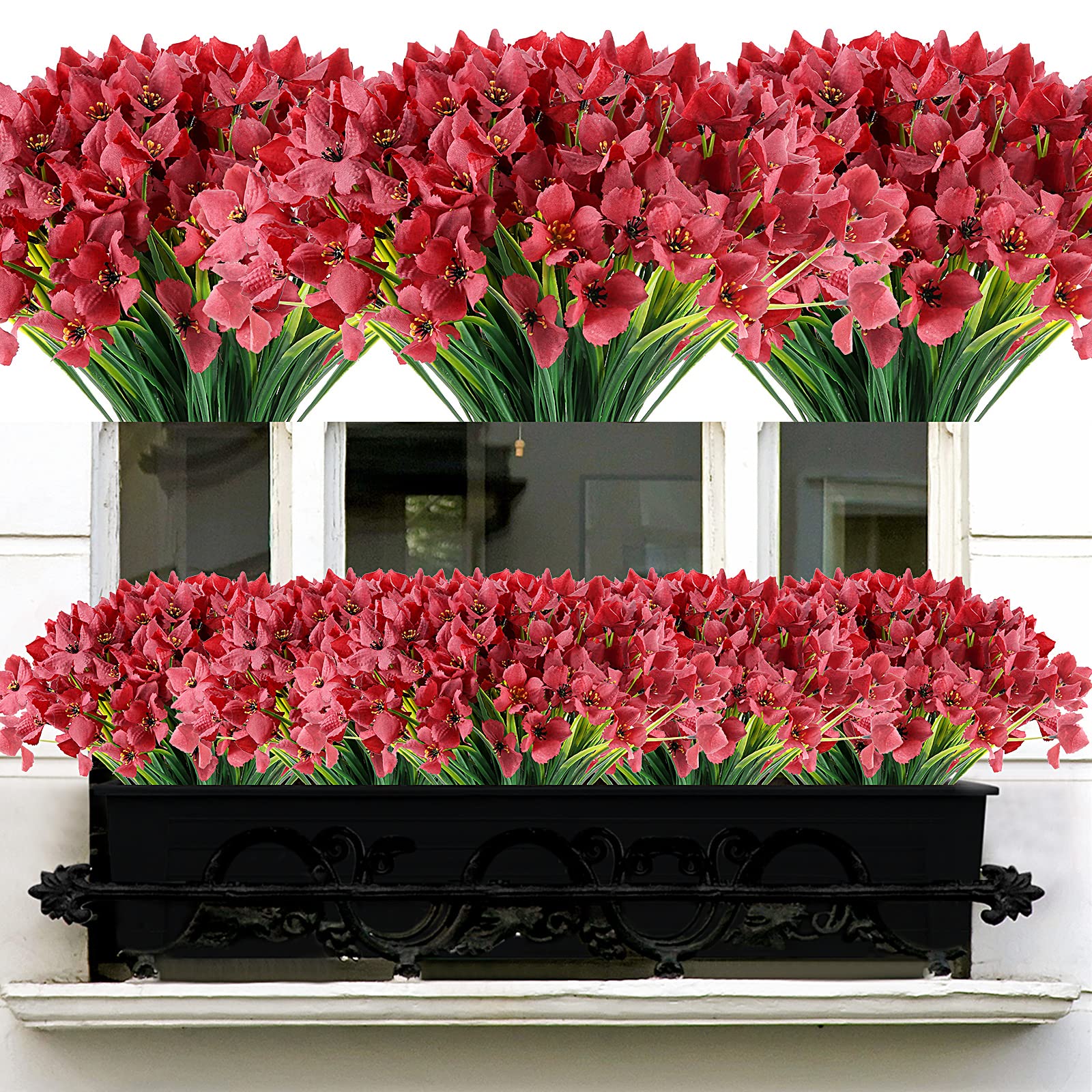 20 Bundles Artificial Flowers Hydrangea Silk Flowers Heads Fake Outdoor Indoor Flowers No Fade Faux Plastic Greenery Shrubs Garden Porch Window Box Décor (Wine Red)