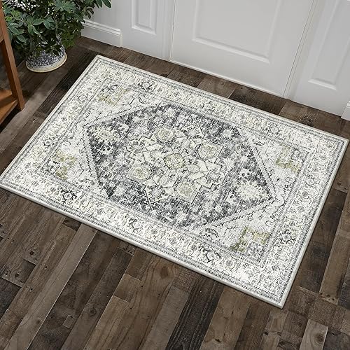 Alfombra bohemia lavable a máquina de 2 x 3 pies, alfombra de interior pequeña para cocina, tapete desgastado y antideslizante retro para baño,