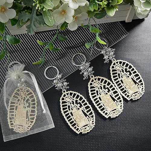 Miniatura 5 de 15 llaveros de madera de bautizo Nuestra Señora de Guadalupe con bolsas de regalo de organza para bautizo, bodas, fiestas (cuentas blancas)