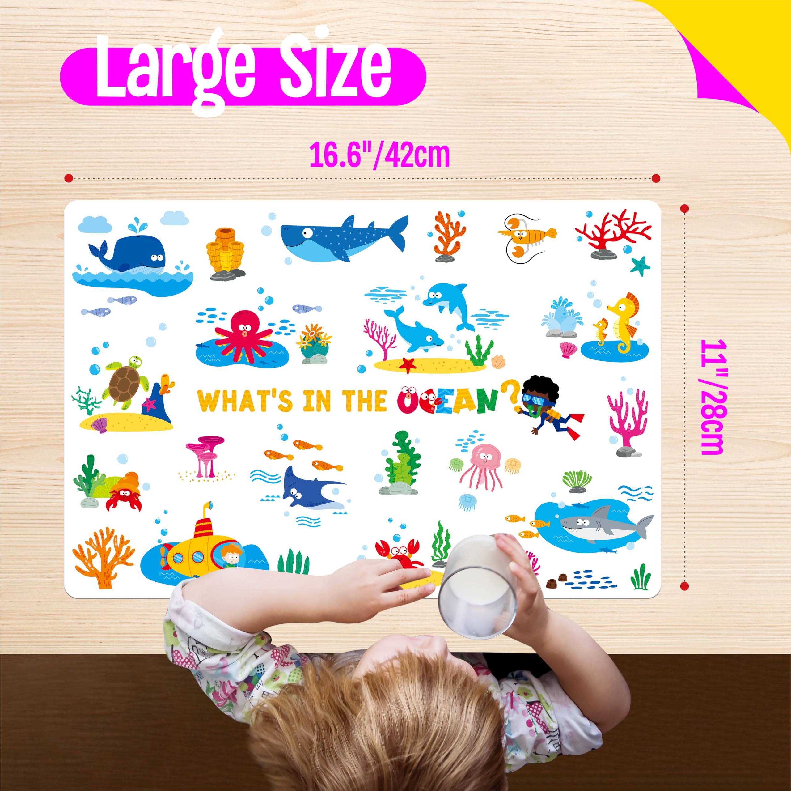 Pack de 6 Sets de Table pour Enfants, Antidérapants, Lavables, Réutilisables, Sets de Table Éducatifs - Dinosaures, Animaux de Ferme/Sauvages/Marins, Chantier de Construction, Univers