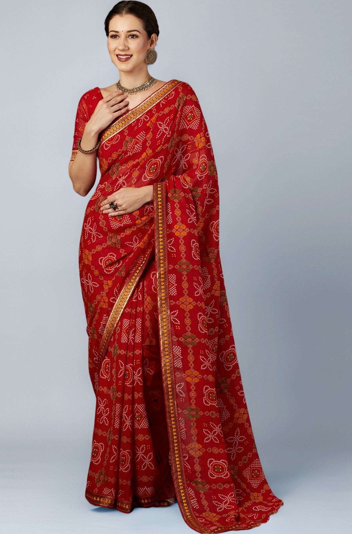Women's Georgette Bandhani Printed Saree With Unstitched Blouse Piece