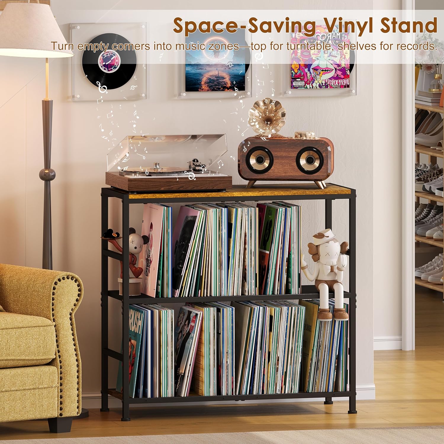 Sonyabecca Record Player Stand with 4 Adjustable Dividers, Vinyl Record Storage Up to 350 Albums, 3-Tier Vinyl Storage Holder with Open Wooden Desktop for Living Room, Bedroom