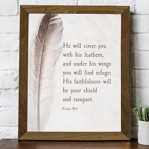 Miniatura 3 de Psalm 914-"He Will Cover You With His Feathers"-Bible Verse Wall Art -8 x 10" Scripture Print wFeather Image-Ready to Frame. Christian Decor for