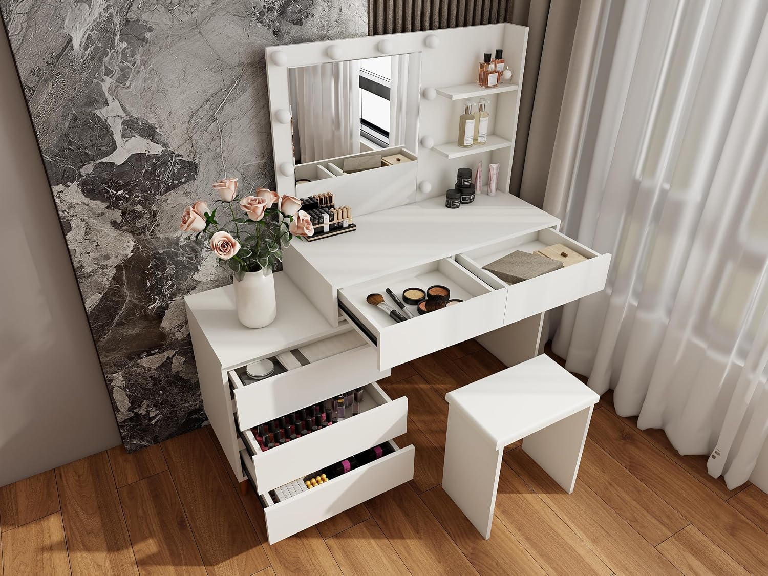 LED Lighted Makeup Vanity Table with Mirror - White Beauty Station with Storage Drawers, Matching Stool Makeup Cosmetics image 3