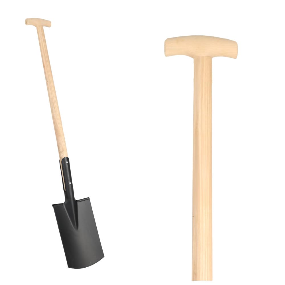 Dönges Gartenspaten mit T Stiel 113,5 cm lang, flachem Spatenblatt und Stiel aus Eschenholz für harte und steinige Böden | DIN 20127