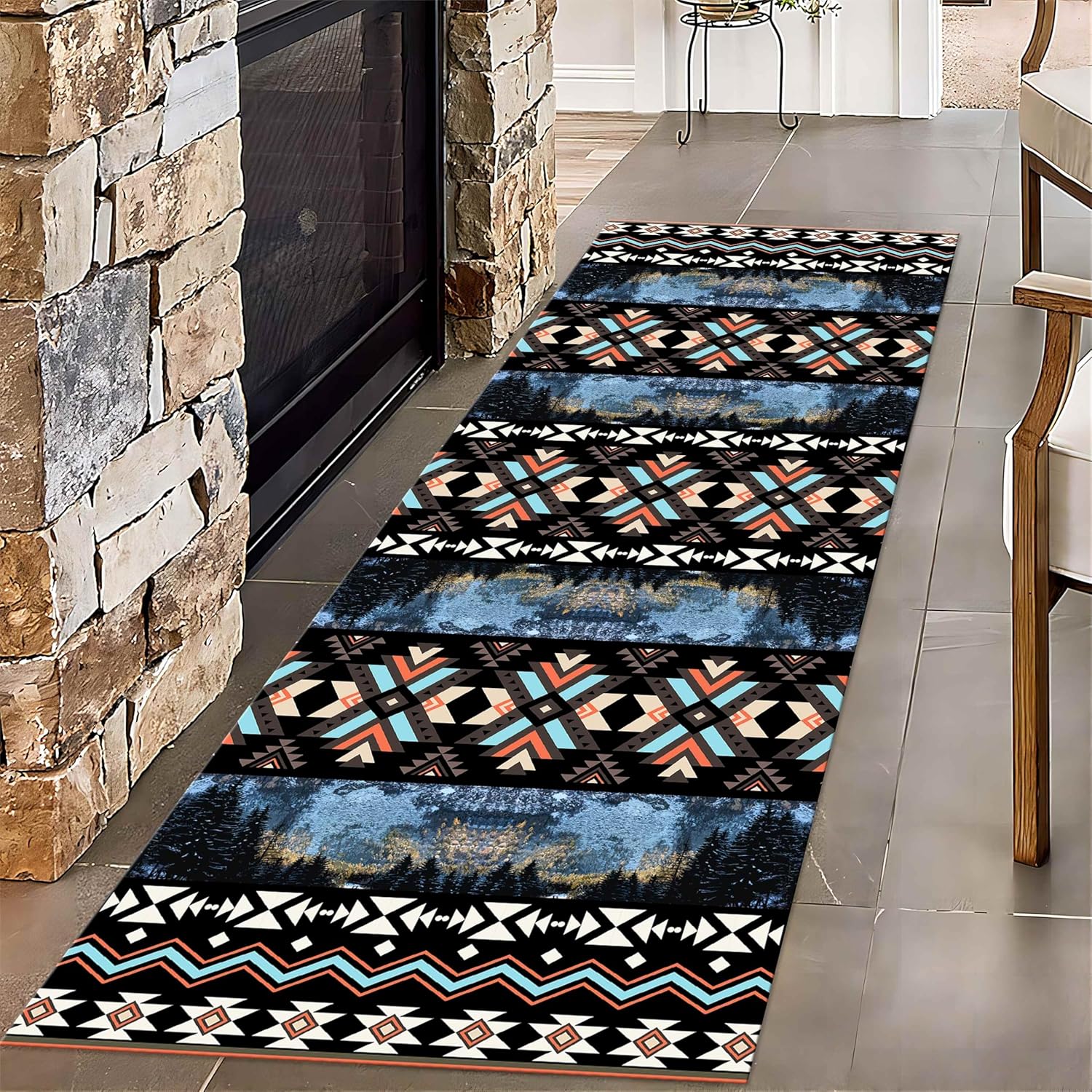 Southwestern Tribal Runner Rug 2x6ft - Aztec & Native American Carpet with Non-Slip Backing for Hallway, Kitchen, Dining Room - Earth Tones (Brown/Black/Yellow)