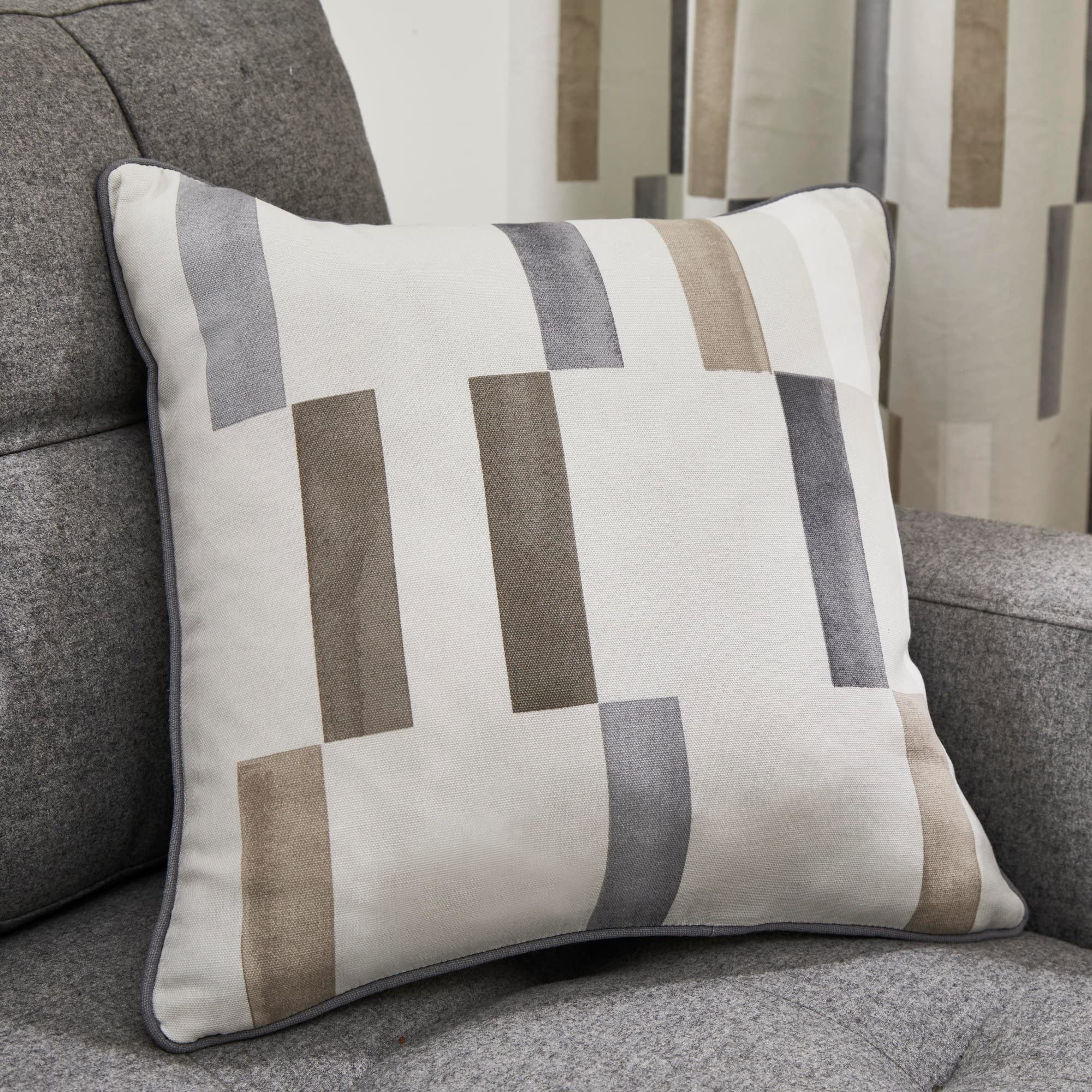 Fusion Natural Geometric Cushion 43 x 43cm – 100% Cotton – Filled Cushion with Rectangle Tile Print – Soft Natural Cream Cover Included – Matching Curtains Available