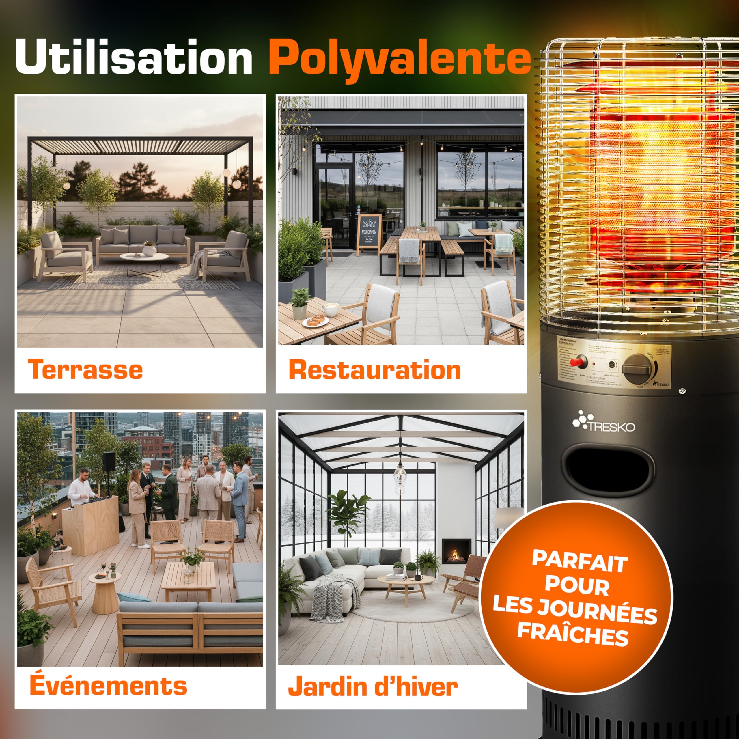 TRESKO Chauffage de terrasse à gaz 11kW + roulettes, pour bouteilles 5 & 11kg | Chauffage extérieur puissant pour terrasse, balcon, jardin, camping | Parasol chauffant avec tuyau et détendeur (Noir)