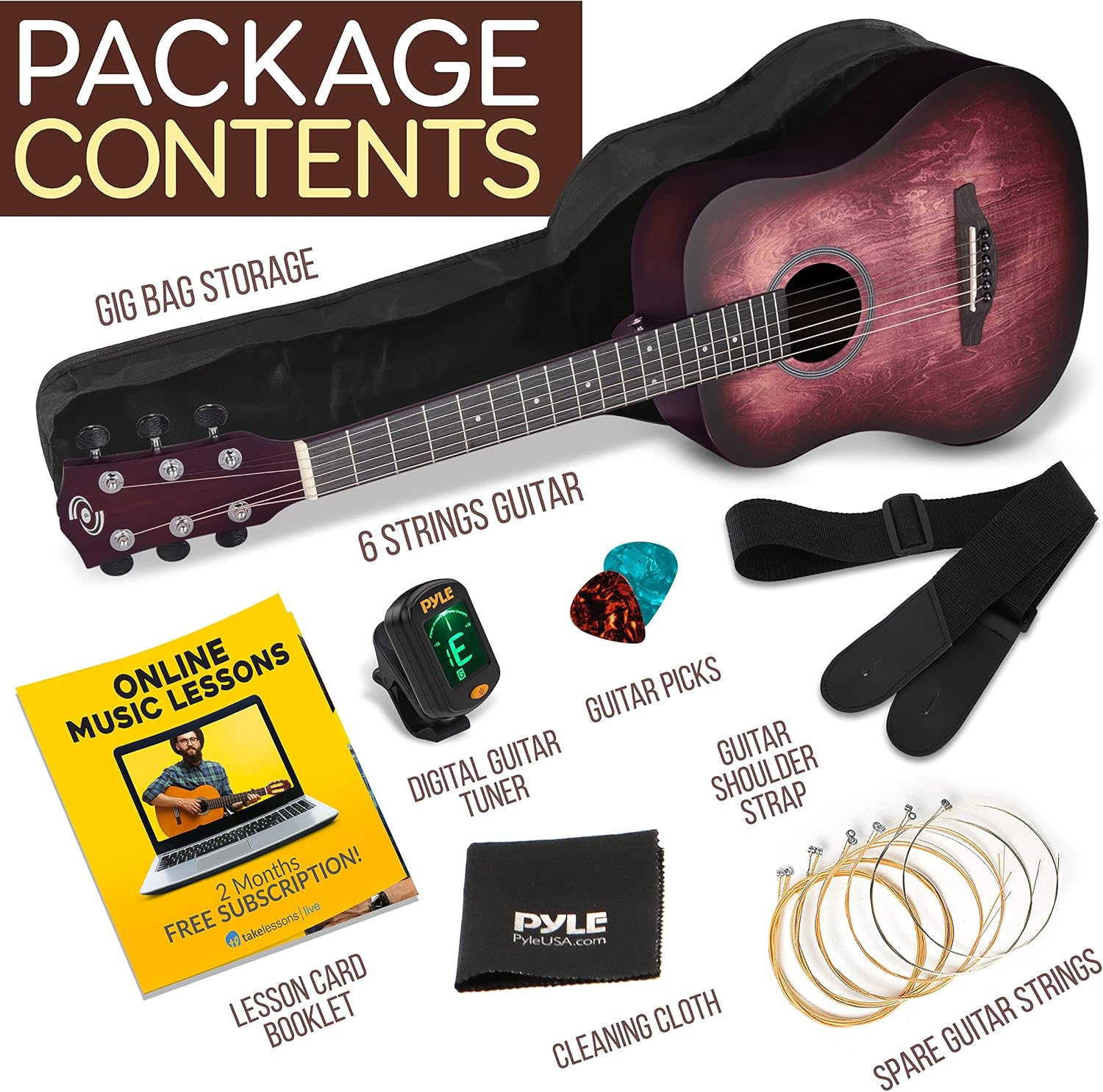 Pyle Acoustic Guitar Kit, 1/2 Junior Size Steel String Instrument for Beginner Kids, Adults, 34” Red