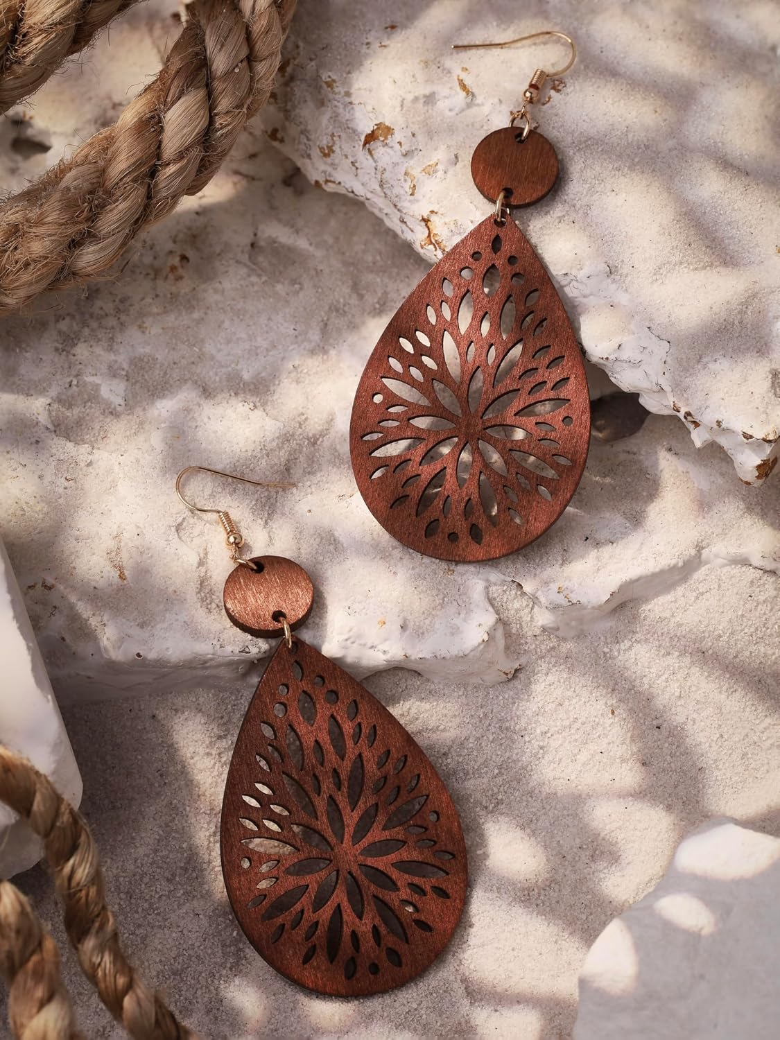 MINACHI Bohemian Hollow Cut-Out Wood Leather Dangle Drop Earrings, Boho Chic Hippie Statement Jewelry Gift for Women image 3