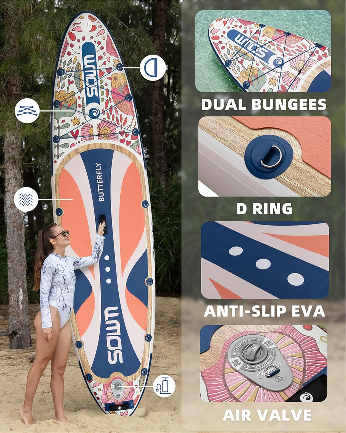 11'*33"/34" Inflatable Stand Up Paddle Board for Beginners,400/420lbs Capacity, Anti-Slip EVA Deck, Includes Adjustable Paddle, Pump, Backpack & SUP Accessories for Surfing, Fishing, Yoga & More