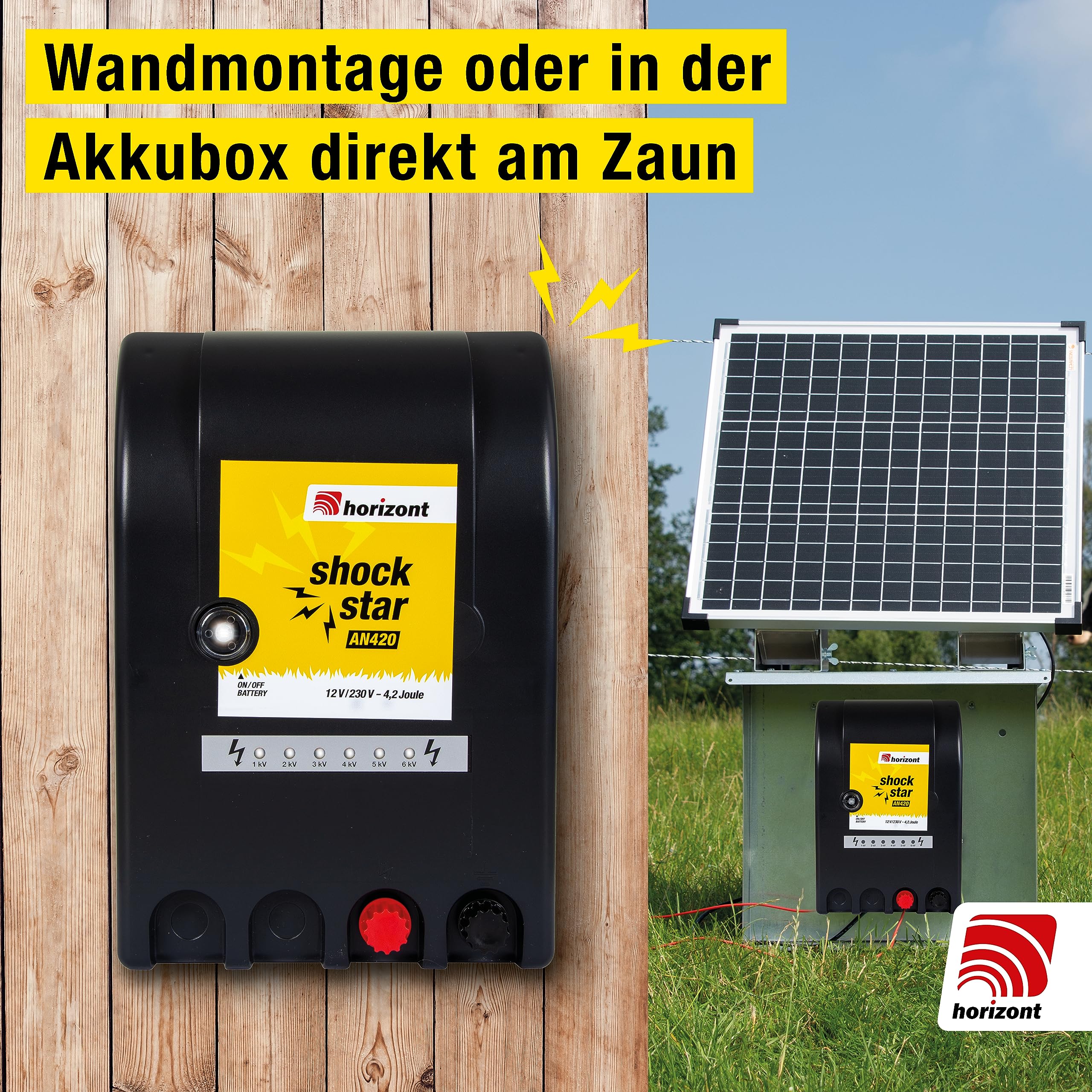 horizont Urządzenie do pastwiska 12 V/230 V Shockstar AN420 – urządzenie wielofunkcyjne – do ogrodzenia o długości 25 km i 12 ogrodzeń elektrycznych (50 m) – urządzenie do ogrodzenia pastwiskowego z