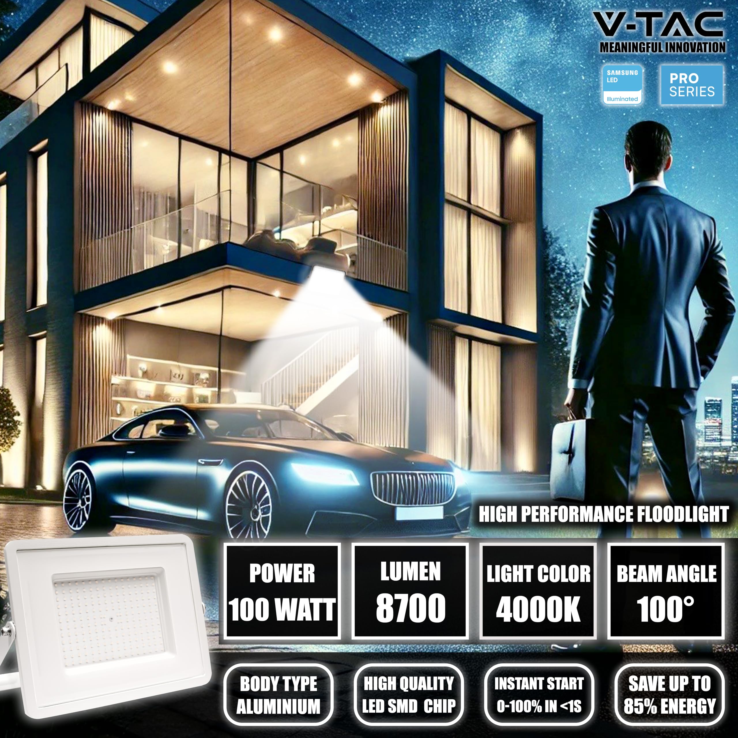 V-TAC Faro LED da Esterno Bianco 100W - [Chip Samsung - Alte Perfomance, Bassi Consumi] - 8700 Lumen - IP65 - Proiettore Faretto LED Nero per Casa, Giardino, Garage - Impermeabile - Fari Luce Naturale