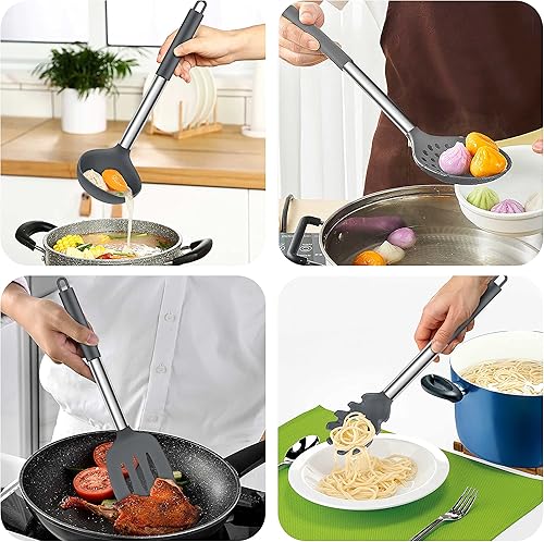 Miniatura 6 de Homikit 17 utensilios de cocina de silicona con soporte, juego de utensilios de cocina grises, mango de acero inoxidable, herramientas de cocina