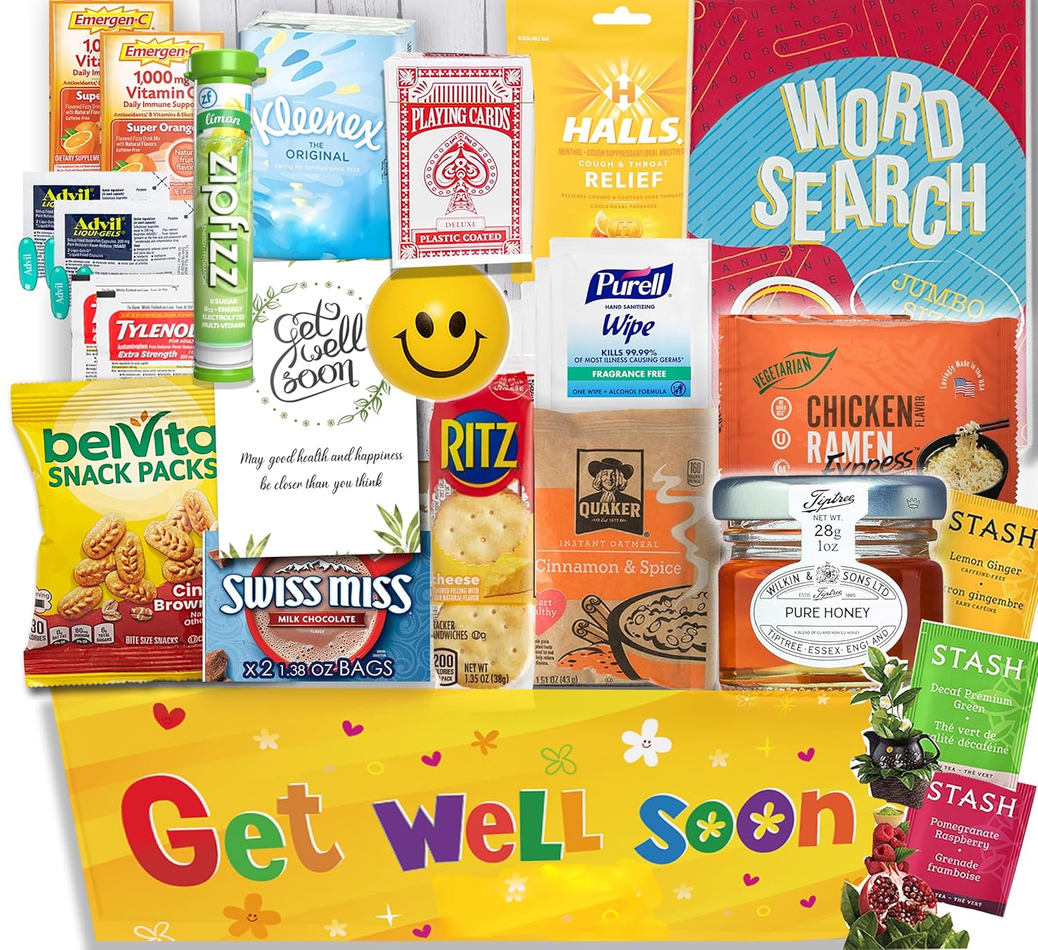 Flu Get Well Gift Basket Care Package – Snacks, Vitamin C, Medicine, Greeting Card, Wipes & Fun Activities – Comfort Gift Set with Tea, Stress Relief Colds, Flu, Allergies for adult & Teenage