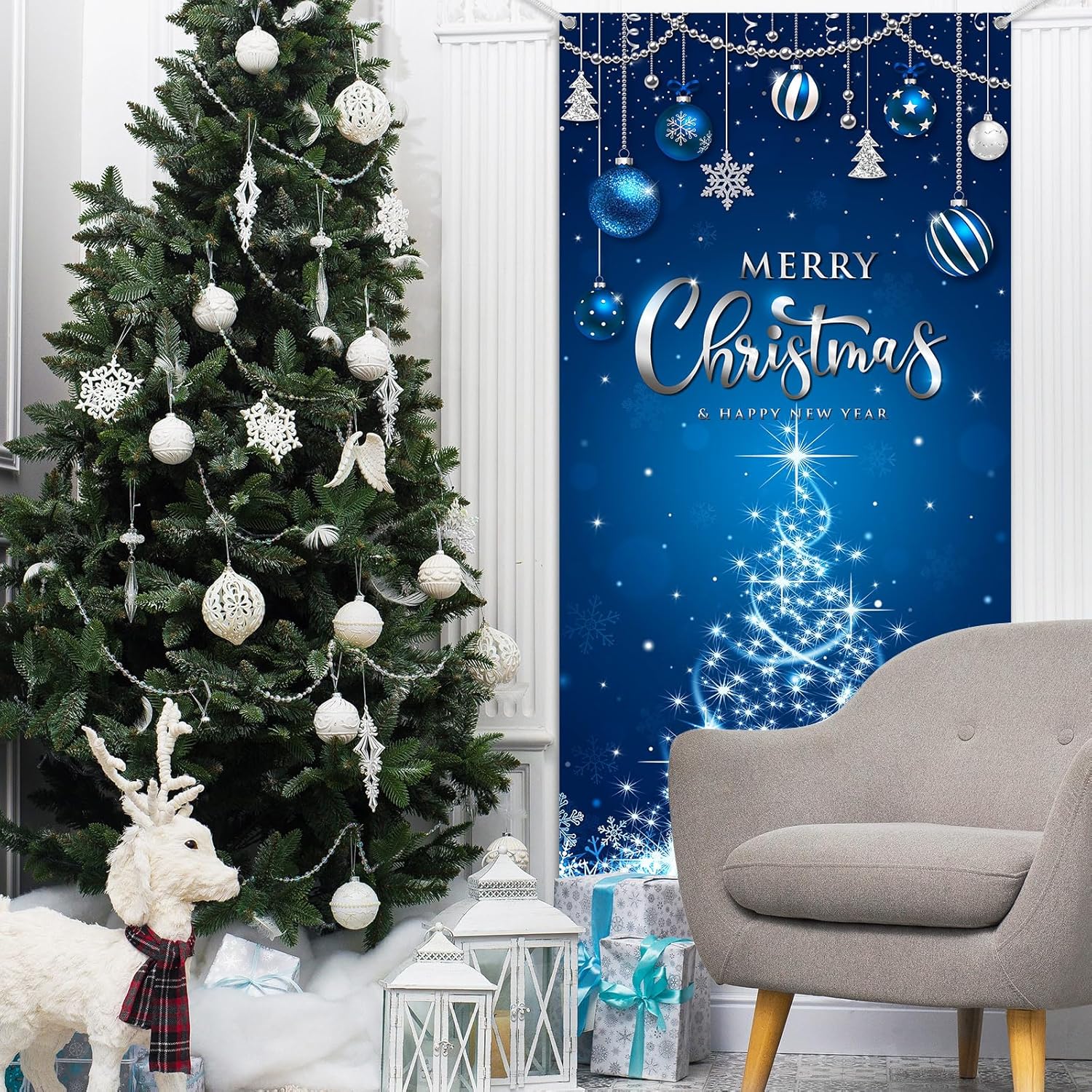 Irenare Christmas Decorations Merry Christmas Door Cover Xmas Background Banner Xmas Door Hanging Covers Photo Props for Winter Party Decorations Supplies, 70.9 x 35.4 Inch(Blue)