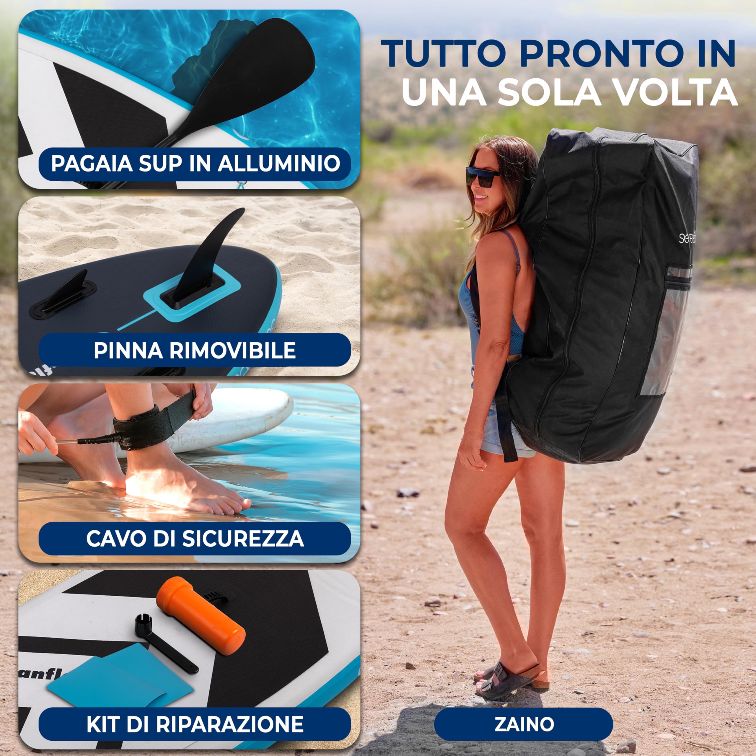 SereneLife SUP Gonfiabile XL, Tavola Sup Extra Larga per Adulti e Animali, Stand Up Paddle Board con Deck EVA Antiscivolo, Design Stabile, Accessori Premium, Capacità 200-220 kg