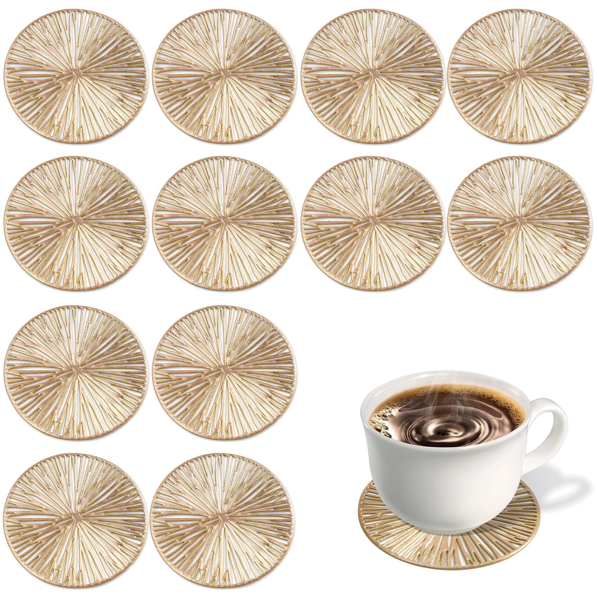 Stylish Coasters Set of 12 – Gold Round PVC Drink Coaster, Reusable Cup Coaster for Cold Drinks and Hot Beverages, Non-Slip Outdoor Coasters for Garden Tables and Patio Use, Beer Mats for Home Bar