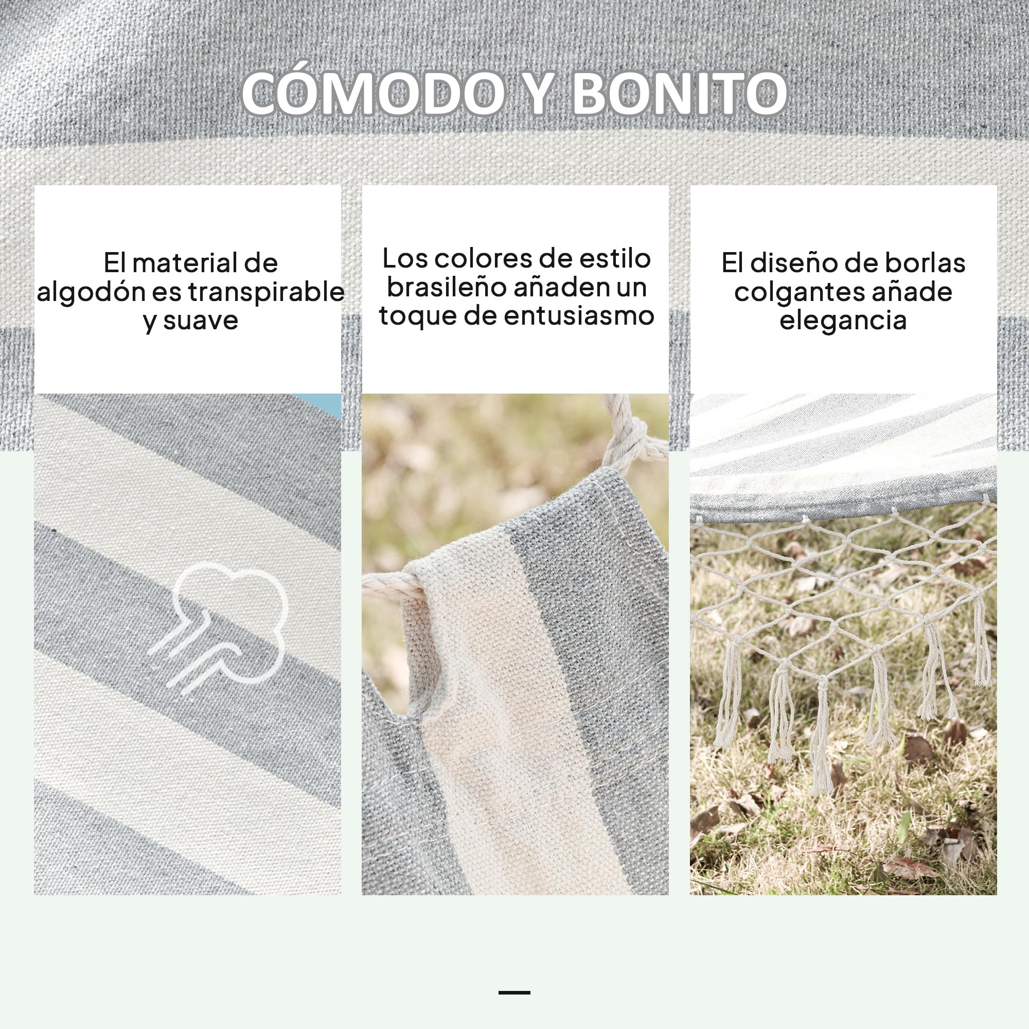 Outsunny Hamaca de Jardín 200x100 cm Hamaca Colgante con Travesaños de Madera Carga 120 kg para Patio Terraza Balcón Camping Gris y Crema