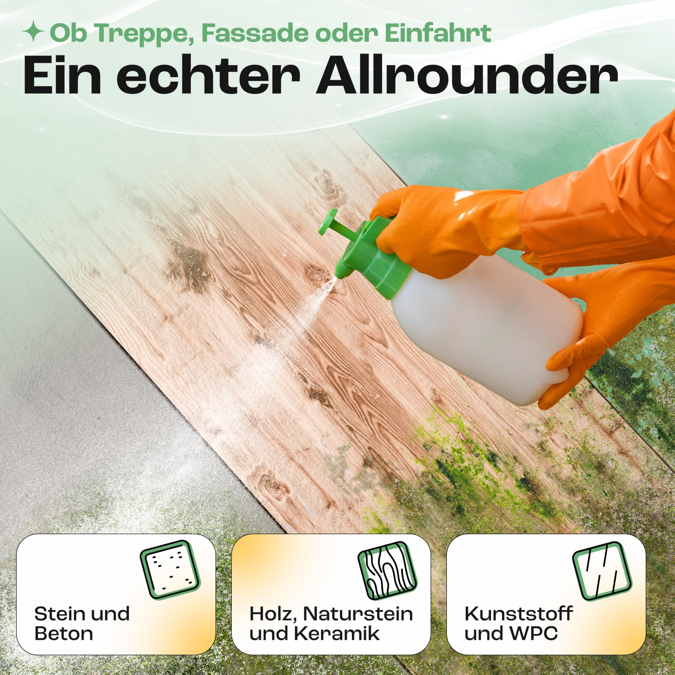 Treufix Grünbelagentferner & Moosentferner Konzentrat 5L | [Chlor- und säurefrei] Entfernung von Grünspan, Grünbelag & Moos |Steinreiniger für Pflastersteine, Terrassen - Made in DE