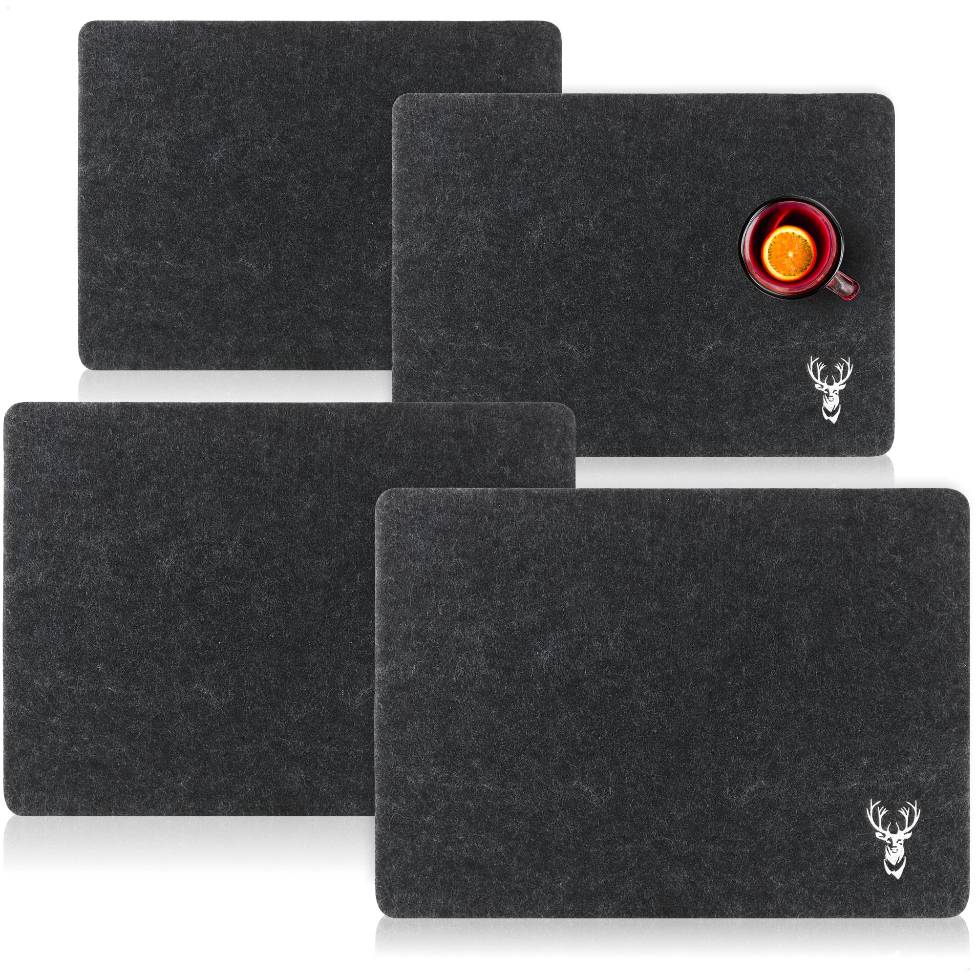 COM-FOUR Placemat 4-piece, Modern Felt, Black, Deer Design, Versatile Tableware Mat