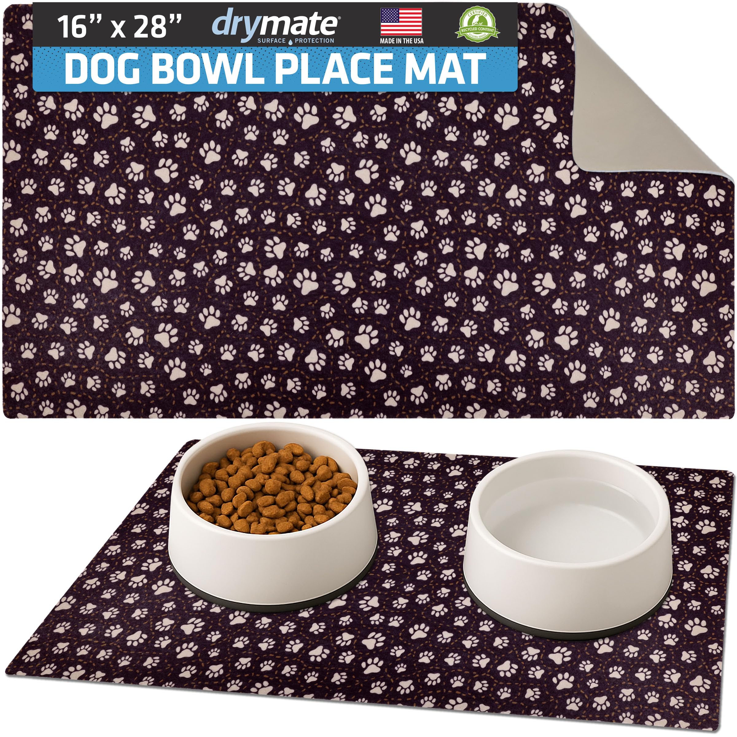 Drymate Pet Bowl Placemat, Dog & Cat Food Feeding Mat - Absorbent Fabric, Waterproof Backing, Slip-Resistant - Machine Washable/Durable (USA Made) (16