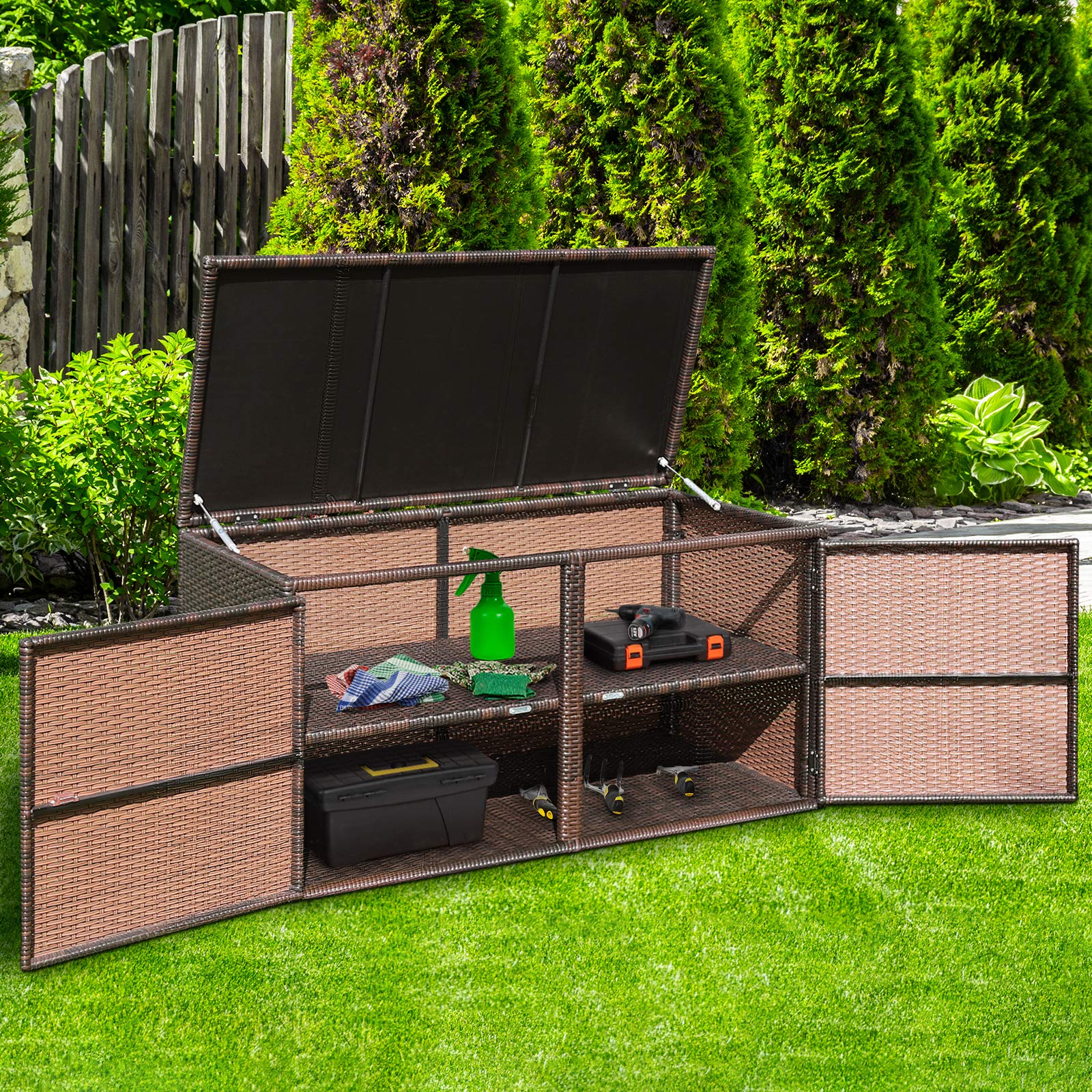 COSTWAY Coffre de Rangement Extérieure en Rotin 335L, Boîte de Rangement avec Couvercle 2 Portes 2 étagères Cadre en Acier, pour Ranger des Outils Jouet Accessoires 115x60x65CM (Marron)