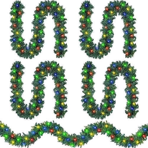 Lyrow Guirnalda de Navidad preiluminada de 9 pies con 50 luces LED, guirnalda de pino artificial a pilas, guirnalda verde impermeable iluminada al